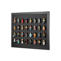Black wall mounted LEGO minifigure wall display that fits 32 minifigs
