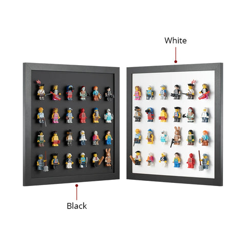 Side by side showing a black and a white wall mounted LEGO minifigure display frame