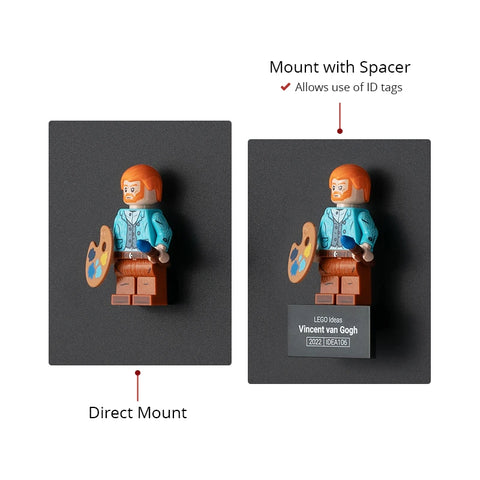 side by side showing how to mount LEGO minifigures with or without the identification tag