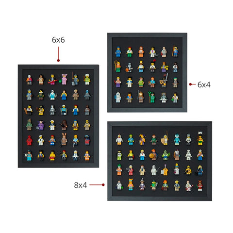 3 black LEGO minifigure display cases showing the three different sizes