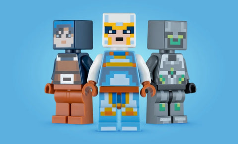 Three LEGO Minecraft minifigures