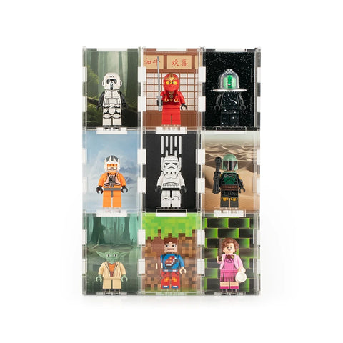 Stack of nine different printed display case designs for LEGO minifigures