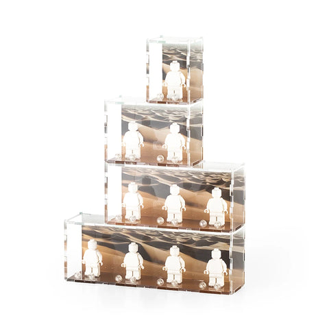 Stack of four minifigure display cases showing how they can be connected