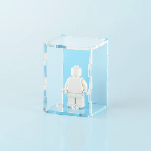blue pastel colored acrylic display case for a single LEGO minifigure