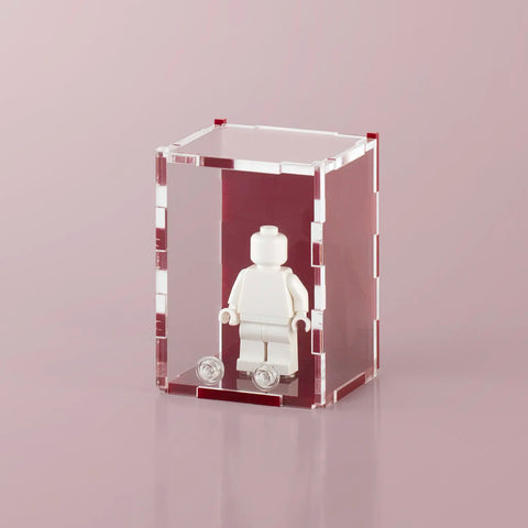 burgundy colored acrylic display case for a single LEGO minifigure