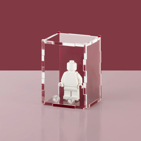 burgundy colored acrylic display case for a single LEGO minifigure