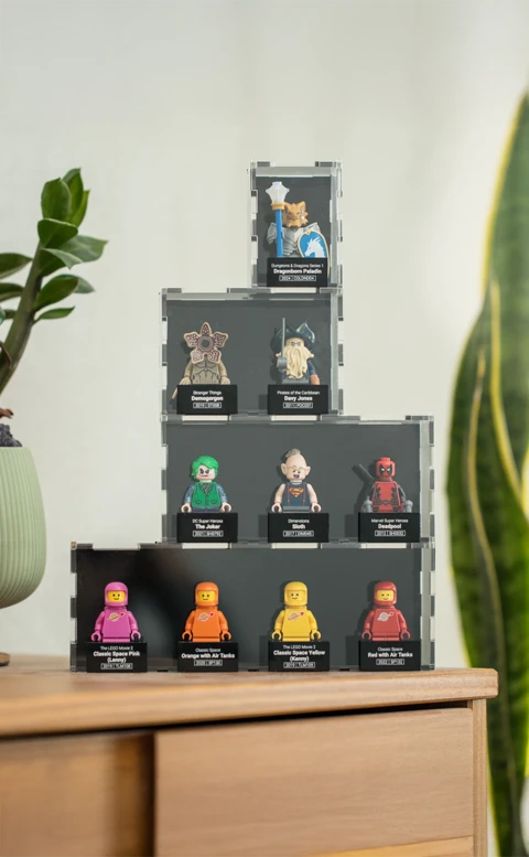 Vertical stack of LEGO minifigure cases