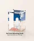 Classic space graphic printed onto the back of a clear acrylic display case for a single LEGO minifigure
