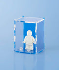 light blue colored acrylic display case for a single LEGO minifigure
