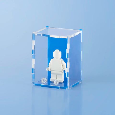 light blue colored acrylic display case for a single LEGO minifigure