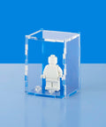 light blue colored acrylic display case for a single LEGO minifigure