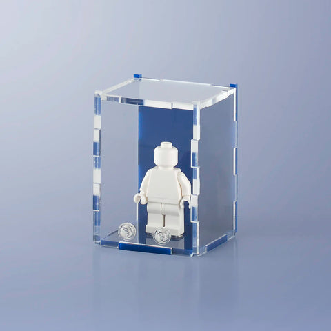 navy blue colored acrylic display case for a single LEGO minifigure