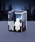 Acrylic display case with custom printed night city design that fits one minifigure