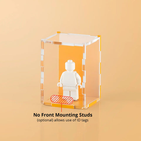 orange pastel colored acrylic display case for a single LEGO minifigure