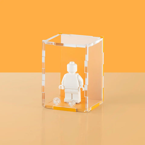orange pastel colored acrylic display case for a single LEGO minifigure