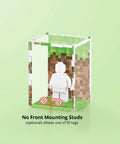 Pixel grass graphic printed onto the back of a clear acrylic display case for a single LEGO minifigure