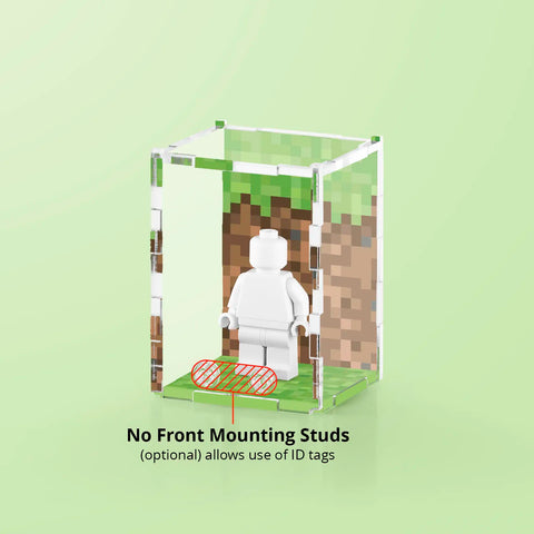 Pixel grass graphic printed onto the back of a clear acrylic display case for a single LEGO minifigure