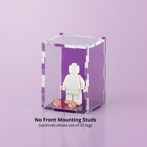purple colored acrylic display case for a single LEGO minifigure