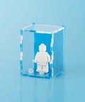 sky blue colored acrylic display case for a single LEGO minifigure