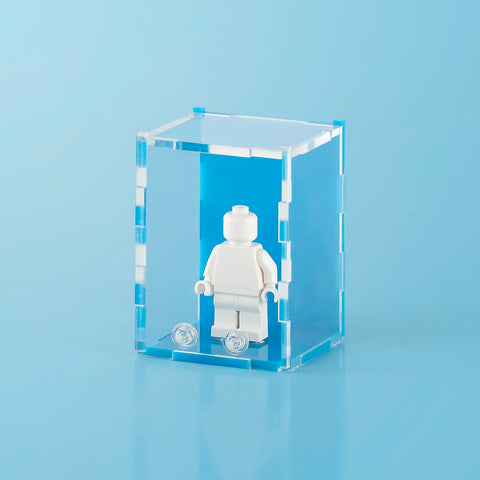 sky blue colored acrylic display case for a single LEGO minifigure