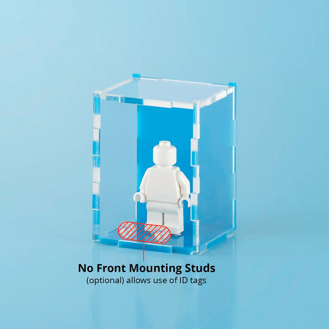 sky blue colored acrylic display case for a single LEGO minifigure