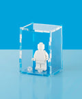 sky blue colored acrylic display case for a single LEGO minifigure