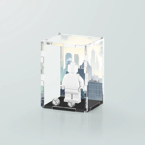 LEGO minifigure display case with super hero city background that fits 1 minifigure