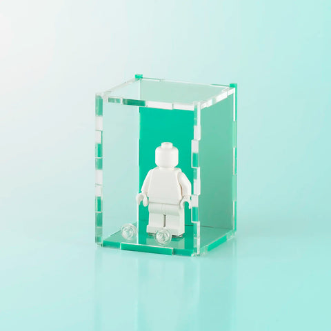 teal pastel colored acrylic display case for a single LEGO minifigure