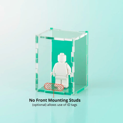 teal pastel colored acrylic display case for a single LEGO minifigure