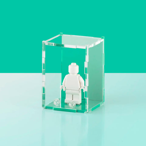 teal pastel colored acrylic display case for a single LEGO minifigure